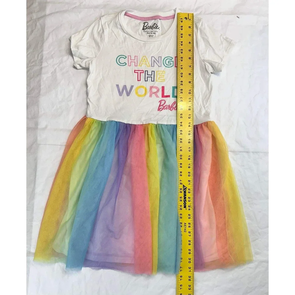 Barbie Whimsical Playful Rainbow Layered Tulle Dress Girls XL 14 16‎